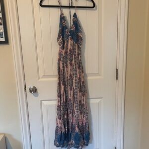 Bohemian Maxi Halter Dress in Pink and Blue